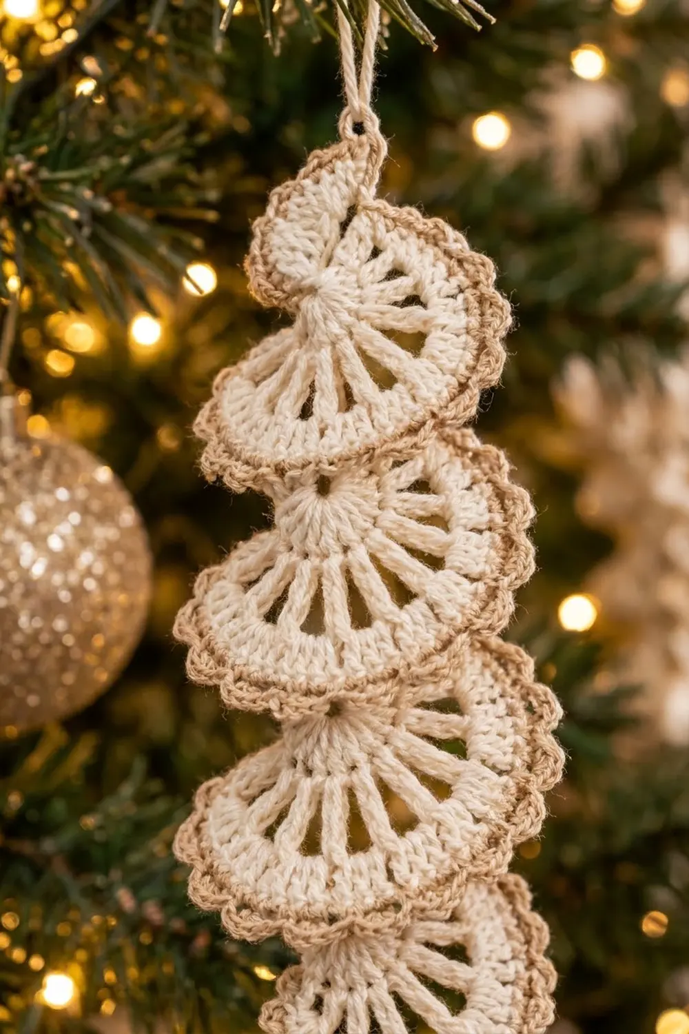 Stacked cream-colored crocheted shells ornament with dangling loops against blurred evergreen and golden Christmas lights.