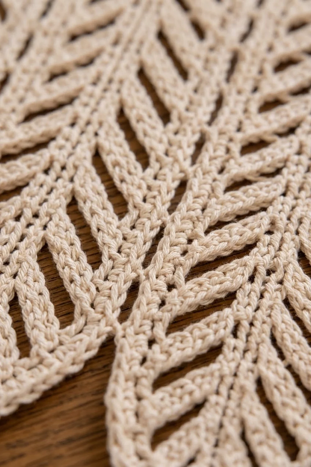 Cream-colored crochet with open lace stitches arranged in diagonal rows on a wooden surface.