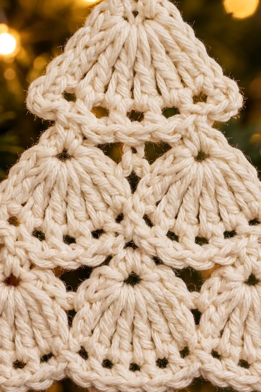 A handmade crocheted ornament with cream-colored twisted yarn, tiered bell shape, and open lacework detail against warm golden bokeh lighting.