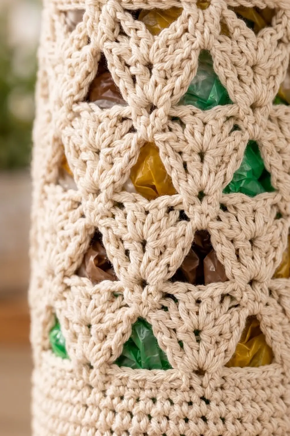 Close-up of cream-colored crocheted lace revealing green foliage and golden flowers through its delicate openwork pattern.