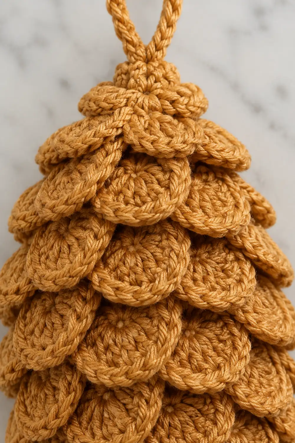 Close-up of a golden rope Christmas tree ornament with overlapping knot details and hanging loop.