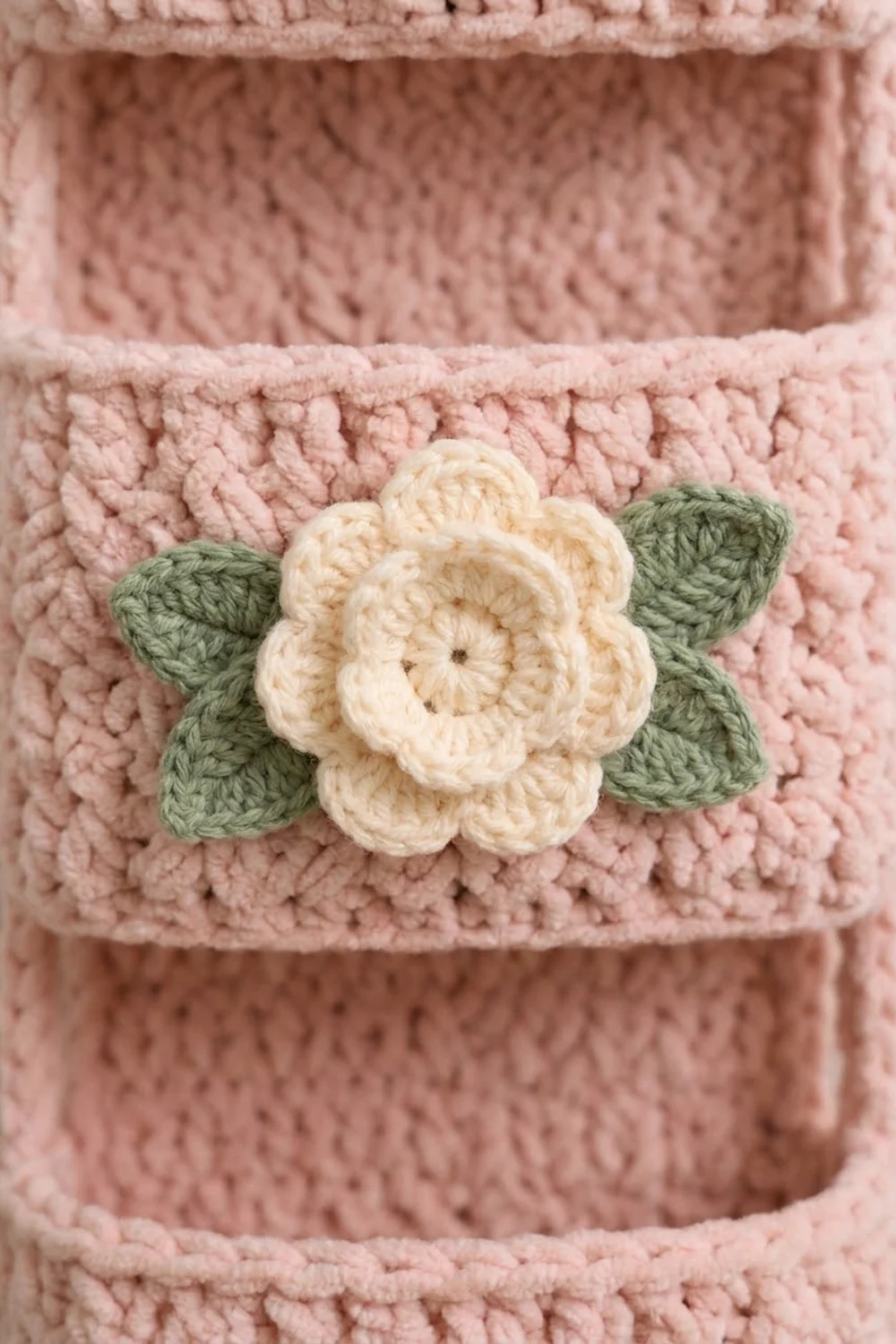 Cream-colored crocheted flower with green leaves appliquéd on a textured pink fabric.