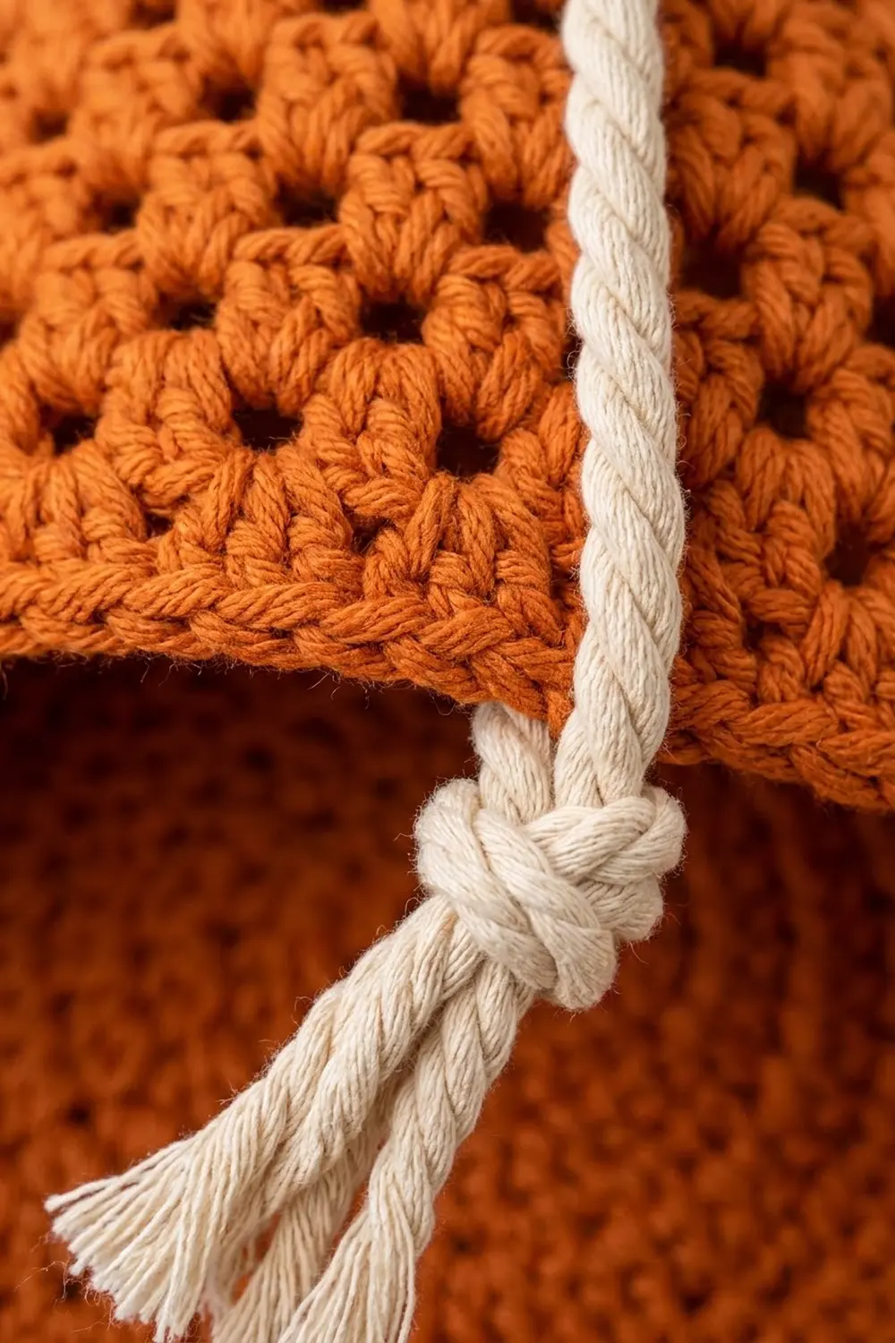 Cream-colored rope knotted against bright orange crocheted textile with raised bobble stitch pattern.