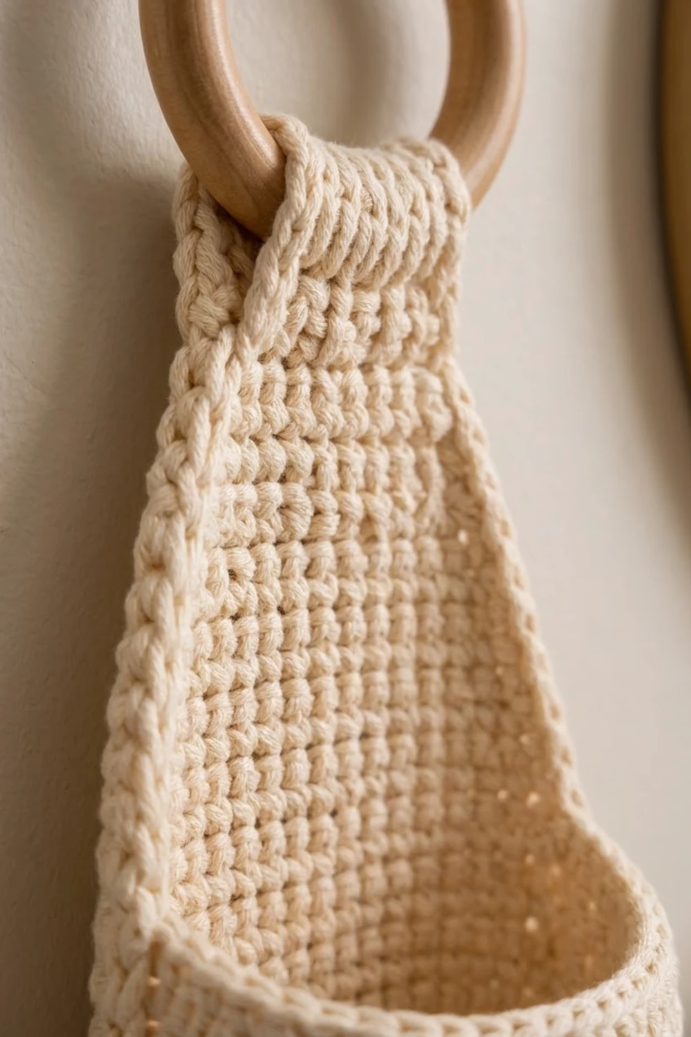 Close-up of cream crocheted tote bag with detailed stitch texture and wooden handles against soft neutral background.