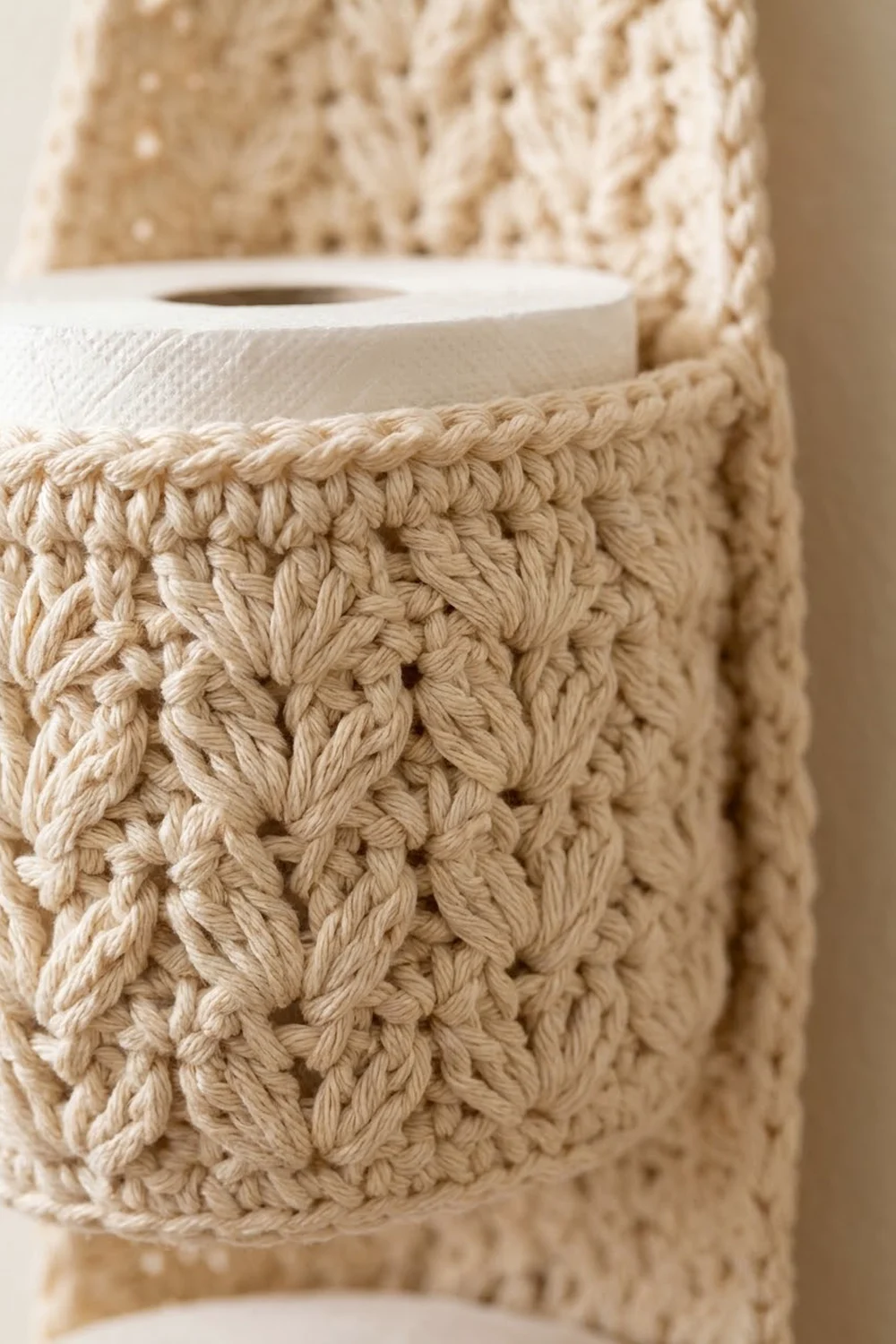 Detailed close-up of natural beige crocheted basket texture with white container inside, warm neutral lighting.