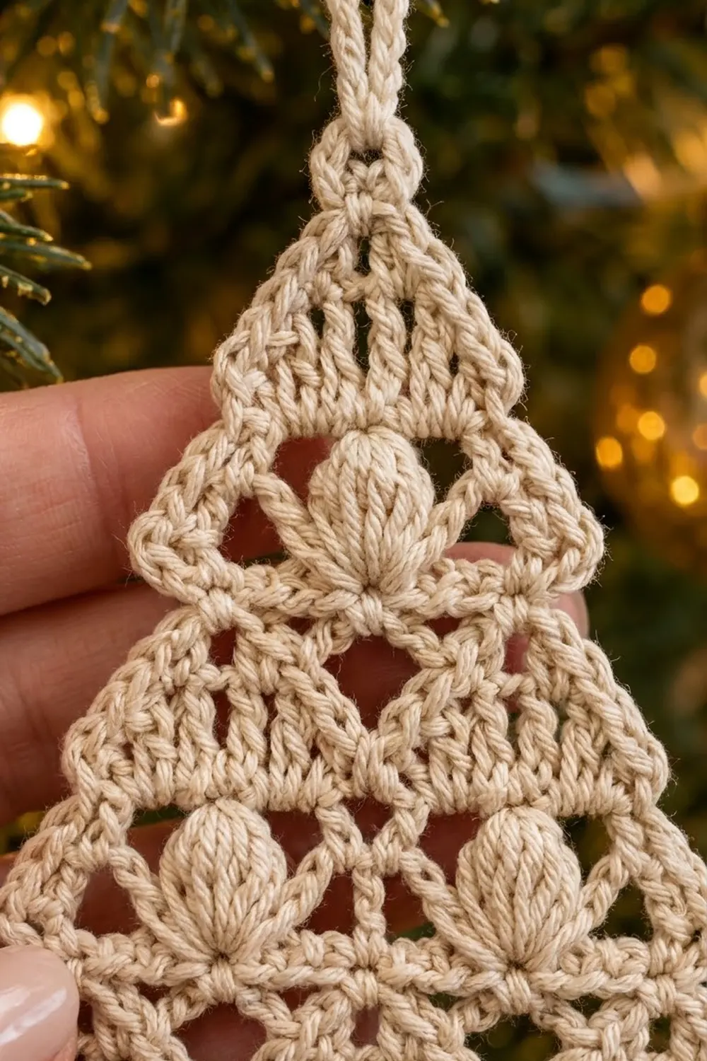 Crocheted cream-yarn tree ornament with openwork pattern, held in hand against blurred golden Christmas light bokeh.