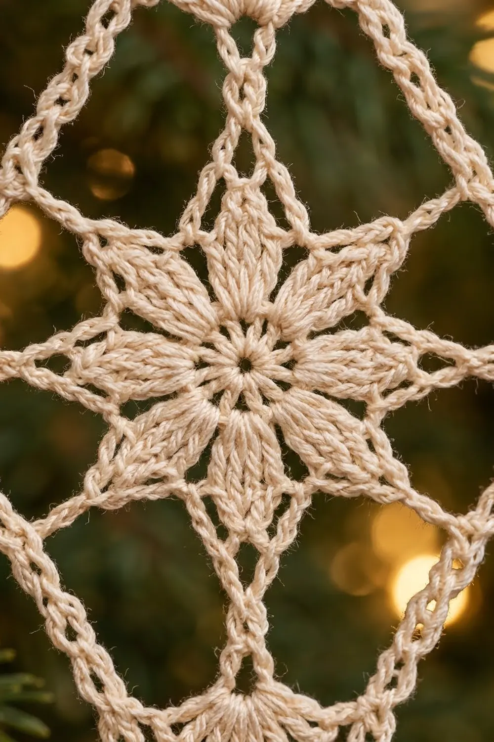 Cream-colored macramé rope knotted in a symmetrical star pattern with a blurred green and warm golden background.