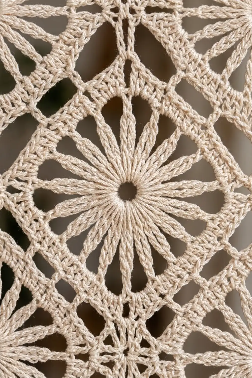 Close-up of cream-toned crochet with a prominent star-flower motif and intricate geometric lattice design against gray.