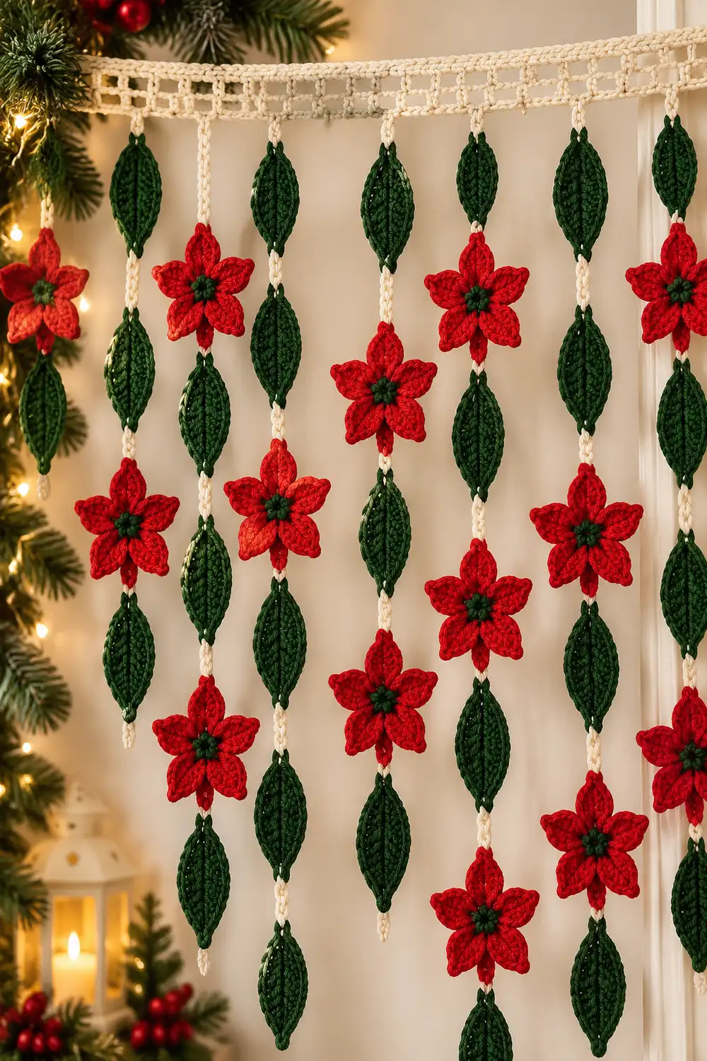 Crocheted red poinsettia flowers and green leaves hang from a cream-colored lace garland against a beige wall.