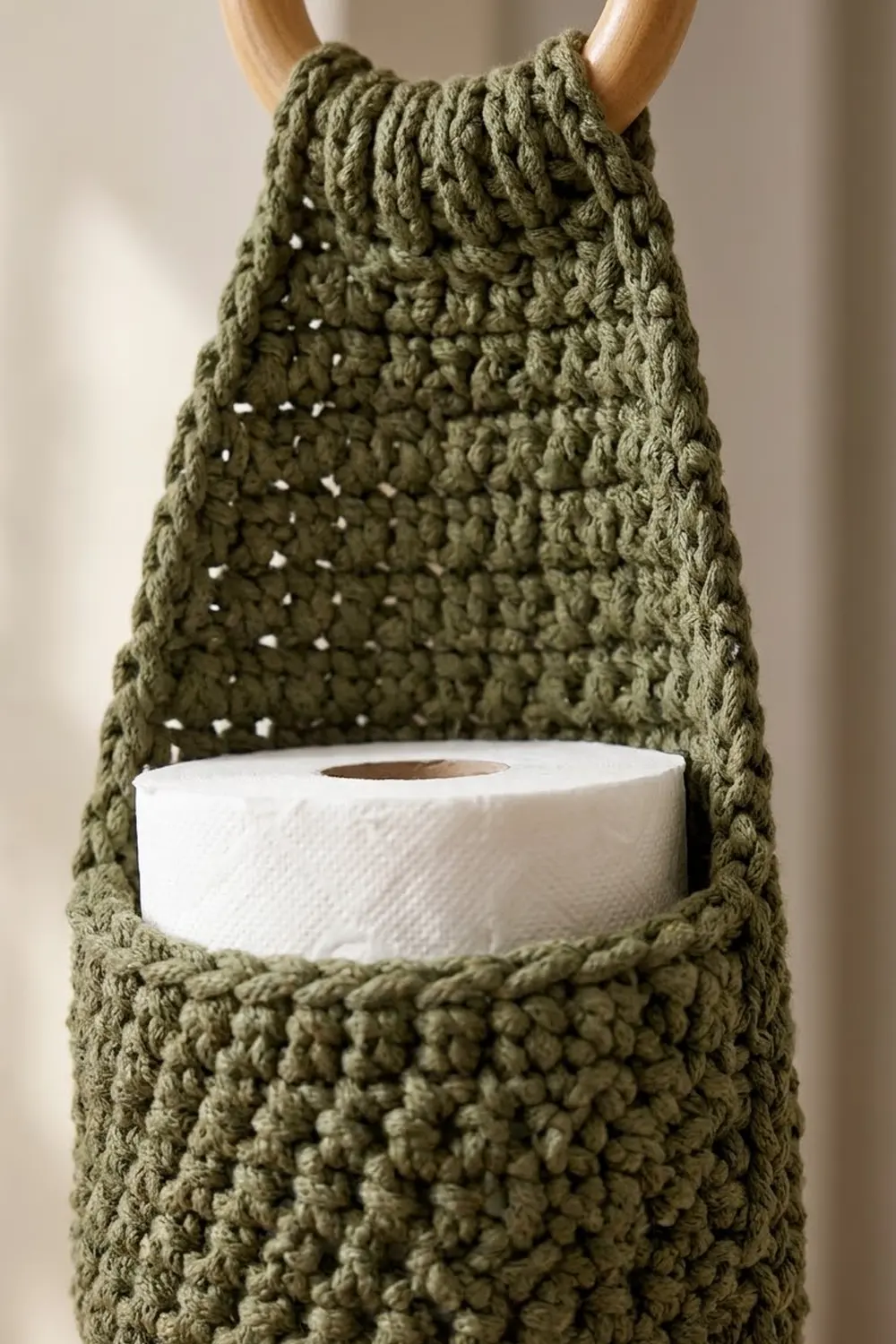 Olive-green crocheted toilet paper holder with wooden handles and chunky texture holding a white roll inside.
