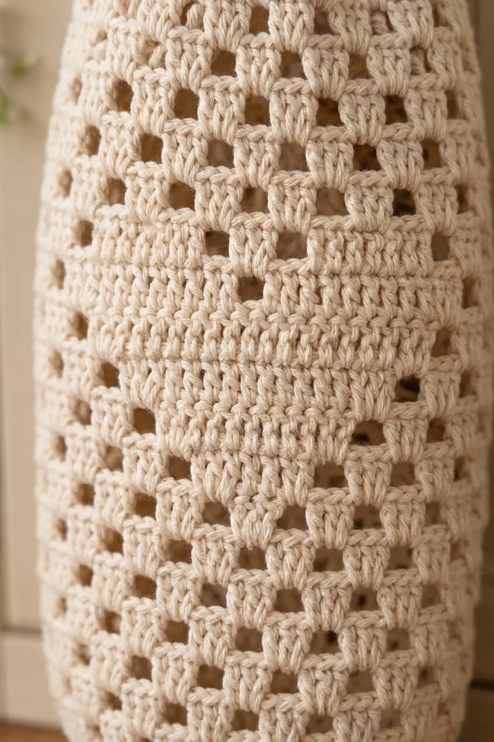 Cream-colored crocheted fabric with an open, geometric square-stitch pattern creating an airy, textured surface.