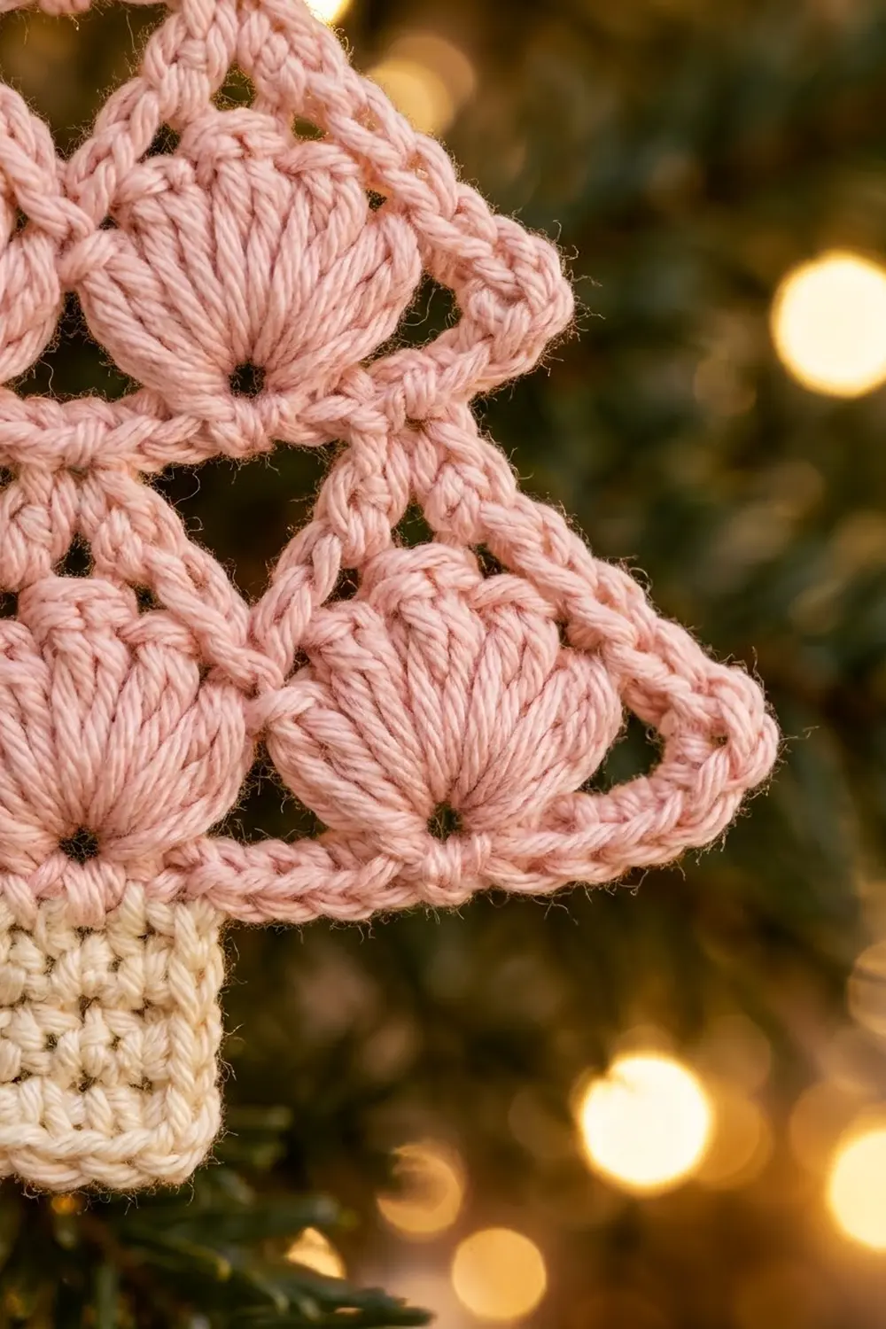 Close-up of chunky pink and cream crocheted texture with warm bokeh lights softly glowing in the blurred background.