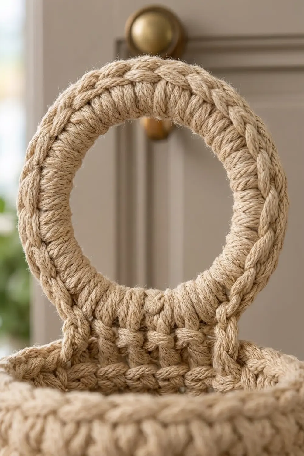 Tan woven rope loop with textured details mounted on a neutral beige wall background.
