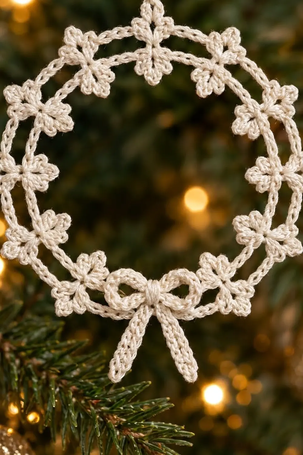 Delicate cream crocheted snowflake hanging on green evergreen branch with warm golden bokeh lights in background.