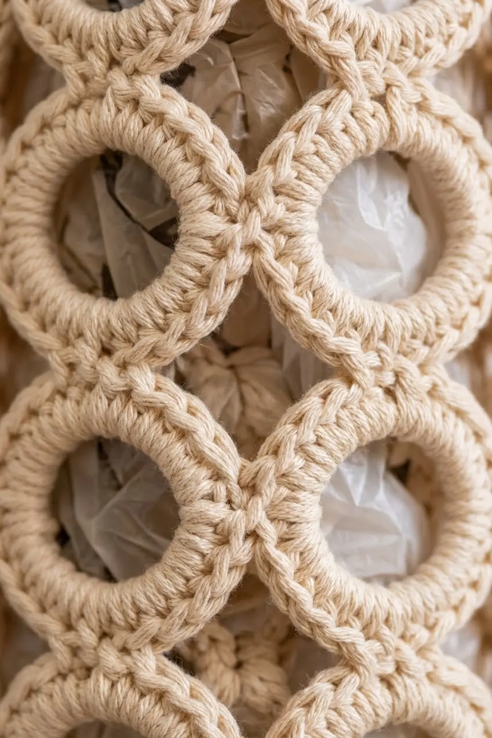 Close-up of natural tan rope woven into repeating interlocking geometric patterns against white fabric.