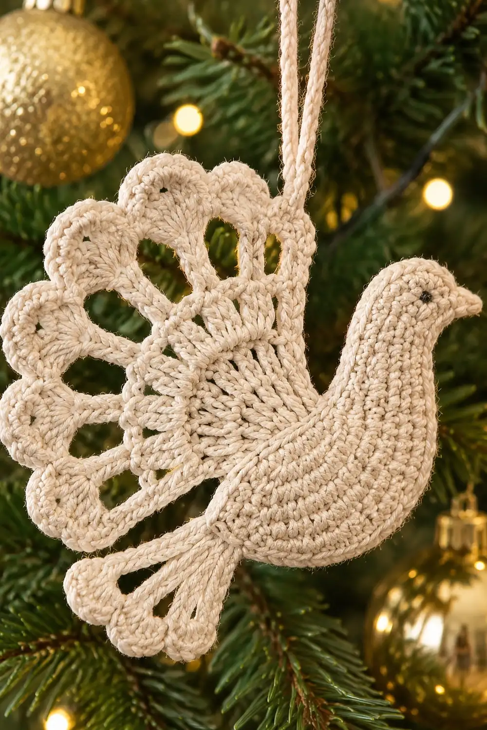 Crocheted cream-colored dove ornament with decorative tail hanging from evergreen branches among gold baubles.