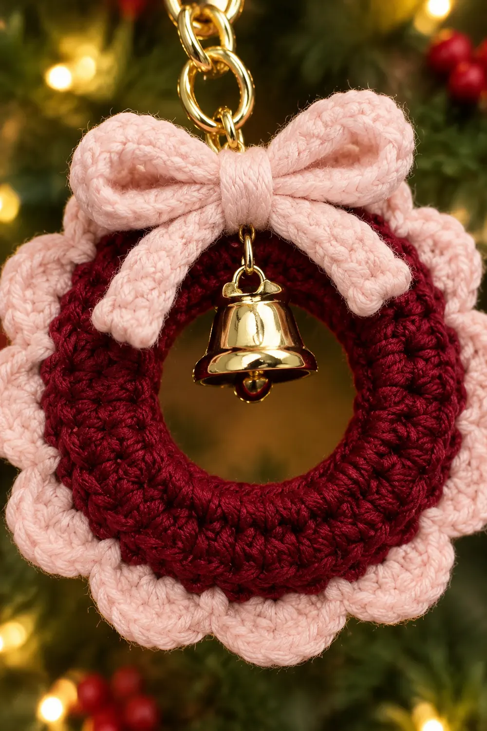 A knitted wreath ornament with burgundy center and pink border, topped with a pink bow and gold bell, hanging against festive greenery.