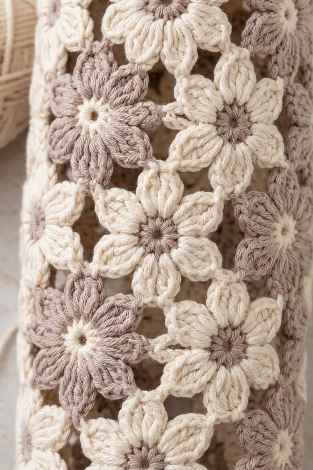 Close-up of a crocheted fabric showing repeating flower motifs in cream and taupe yarn with gray centers, creating an airy pattern.
