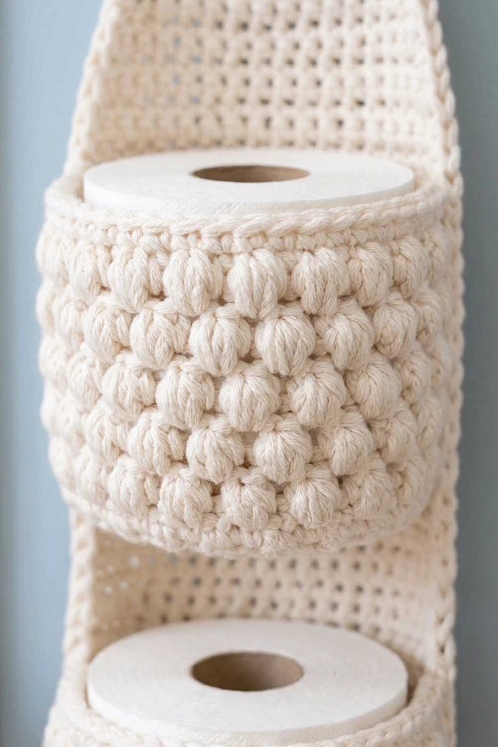 Beige crocheted toilet paper holder with textured popcorn-stitch pattern wrapped around white rolls.