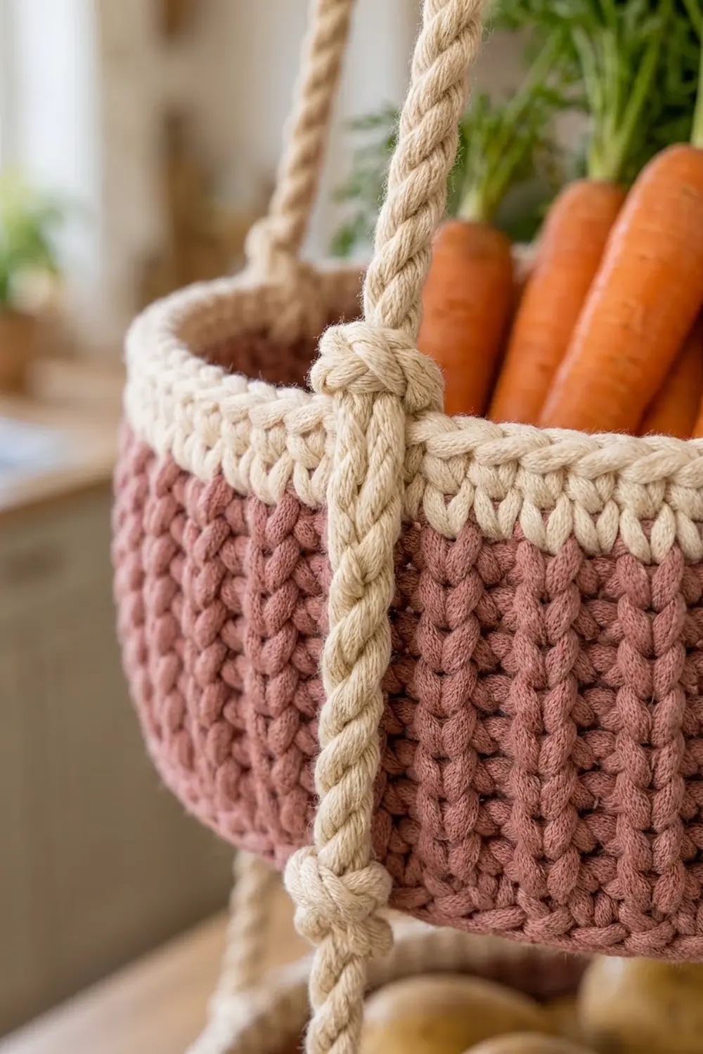 Dusty pink crocheted hanging basket with cream rope handles and knots, displaying fresh orange carrots with vibrant green tops inside.