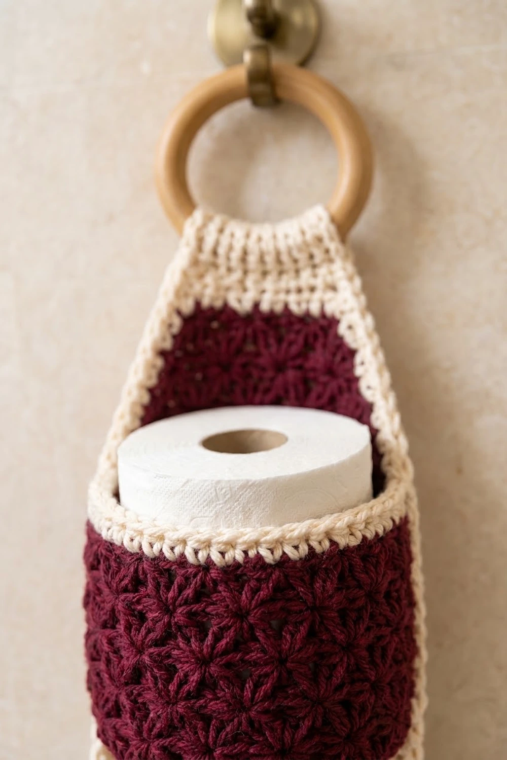 Burgundy and cream crocheted toilet paper holder with wooden ring, suspended by brass fixture on beige wall.
