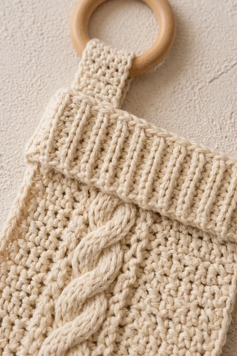 Cream-colored crocheted fabric with mixed stitch patterns and braided trim, attached to a natural wooden ring handle.