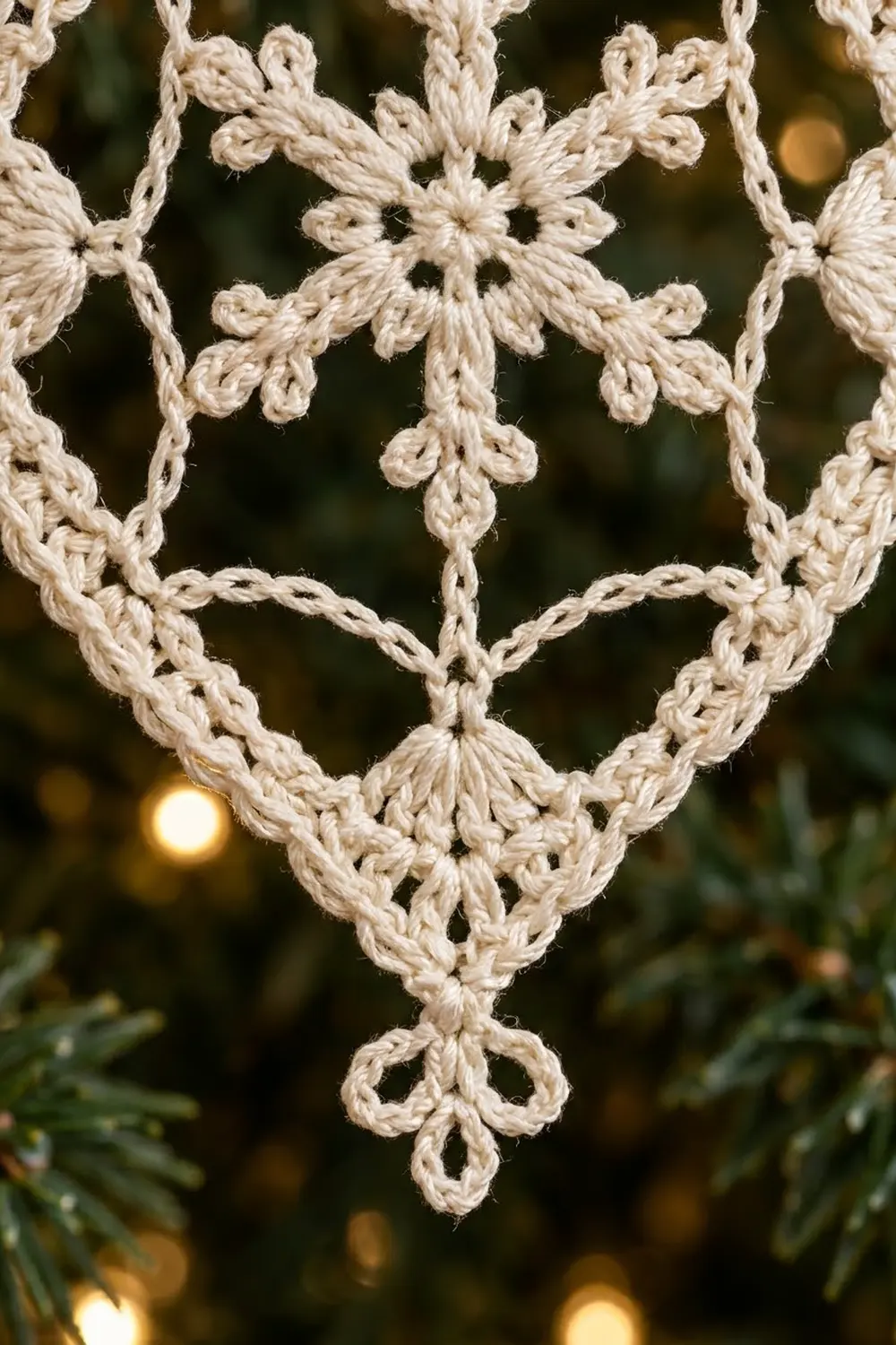 Cream-colored crocheted snowflake ornament with delicate lacework suspended against blurred evergreen branches and warm bokeh lights.
