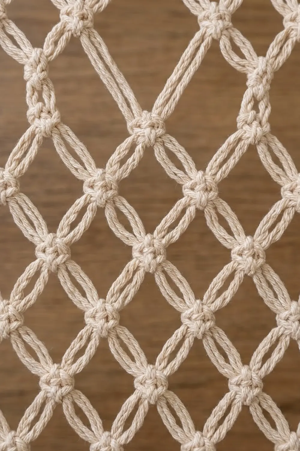 Cream-colored crochet lattice pattern with knotted intersections displayed against a blurred brown wooden backdrop.