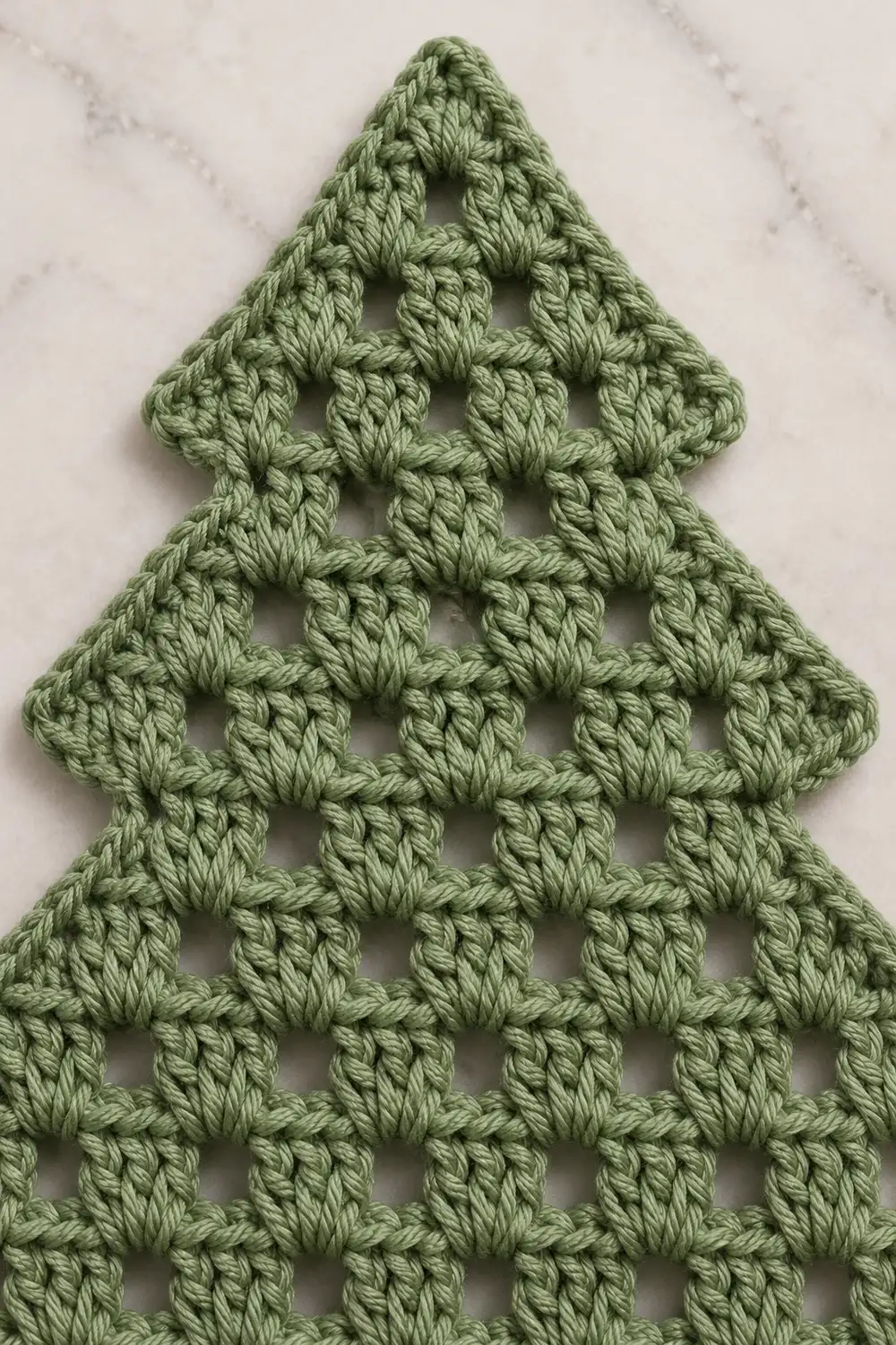 Close-up of a sage green crocheted Christmas tree with an open lattice stitch pattern on marble background.