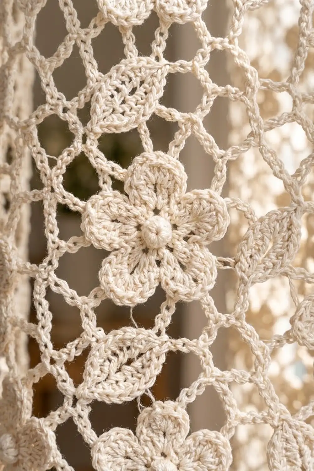 Detailed crocheted lace in cream thread showing delicate flower motifs connected by openwork lattice chains.