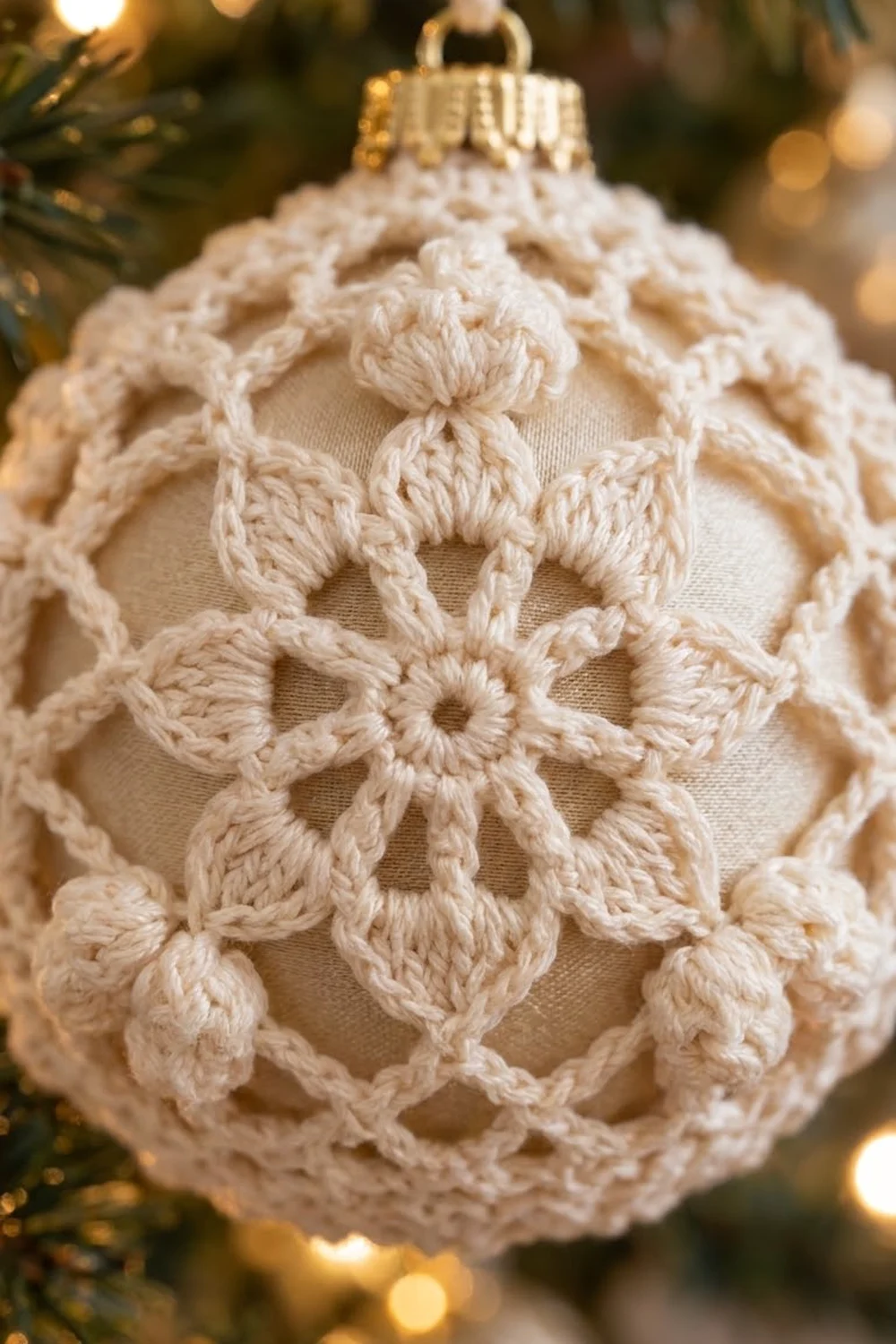 Cream-colored crocheted ornament with intricate snowflake pattern and gold cap, displayed among evergreen branches and warm lights.