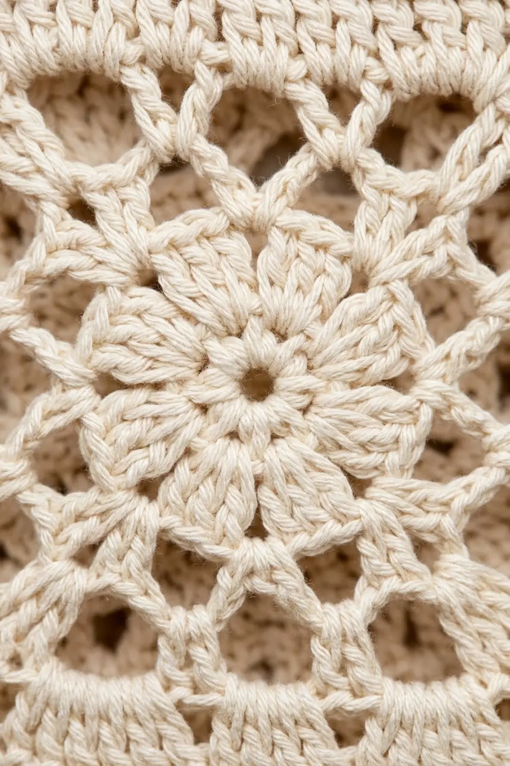 Close-up of cream-colored crochet featuring intricate twisted yarn forming geometric open lattice design.