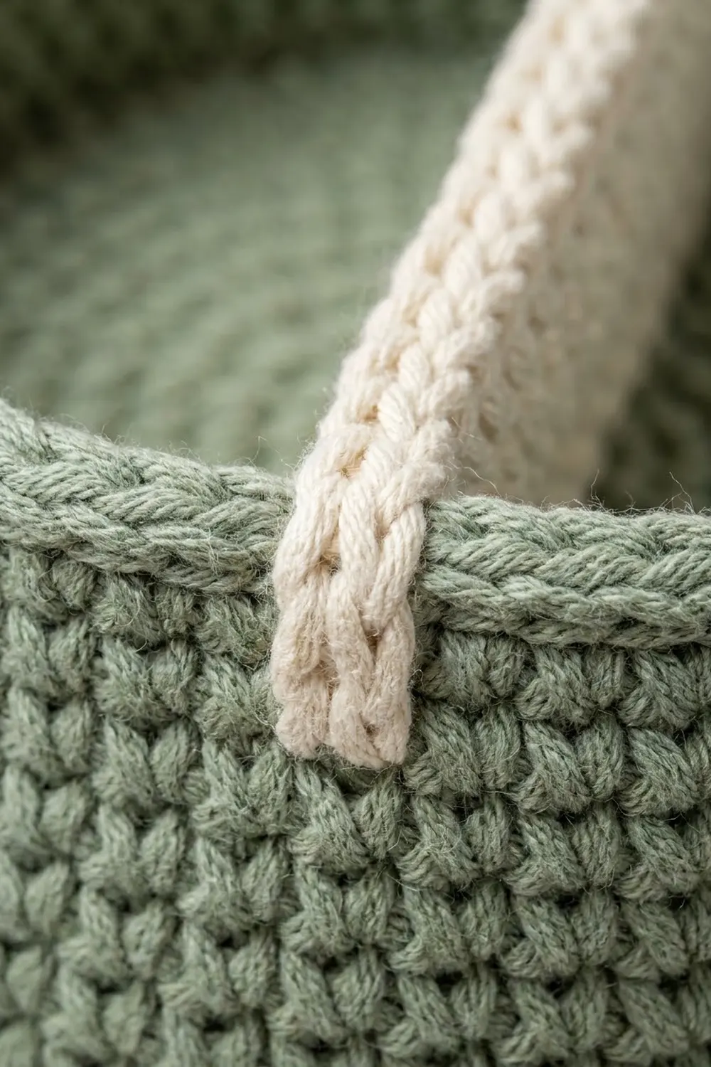 Cream rope trim woven horizontally through sage-green crocheted fabric with textured stitch detail.
