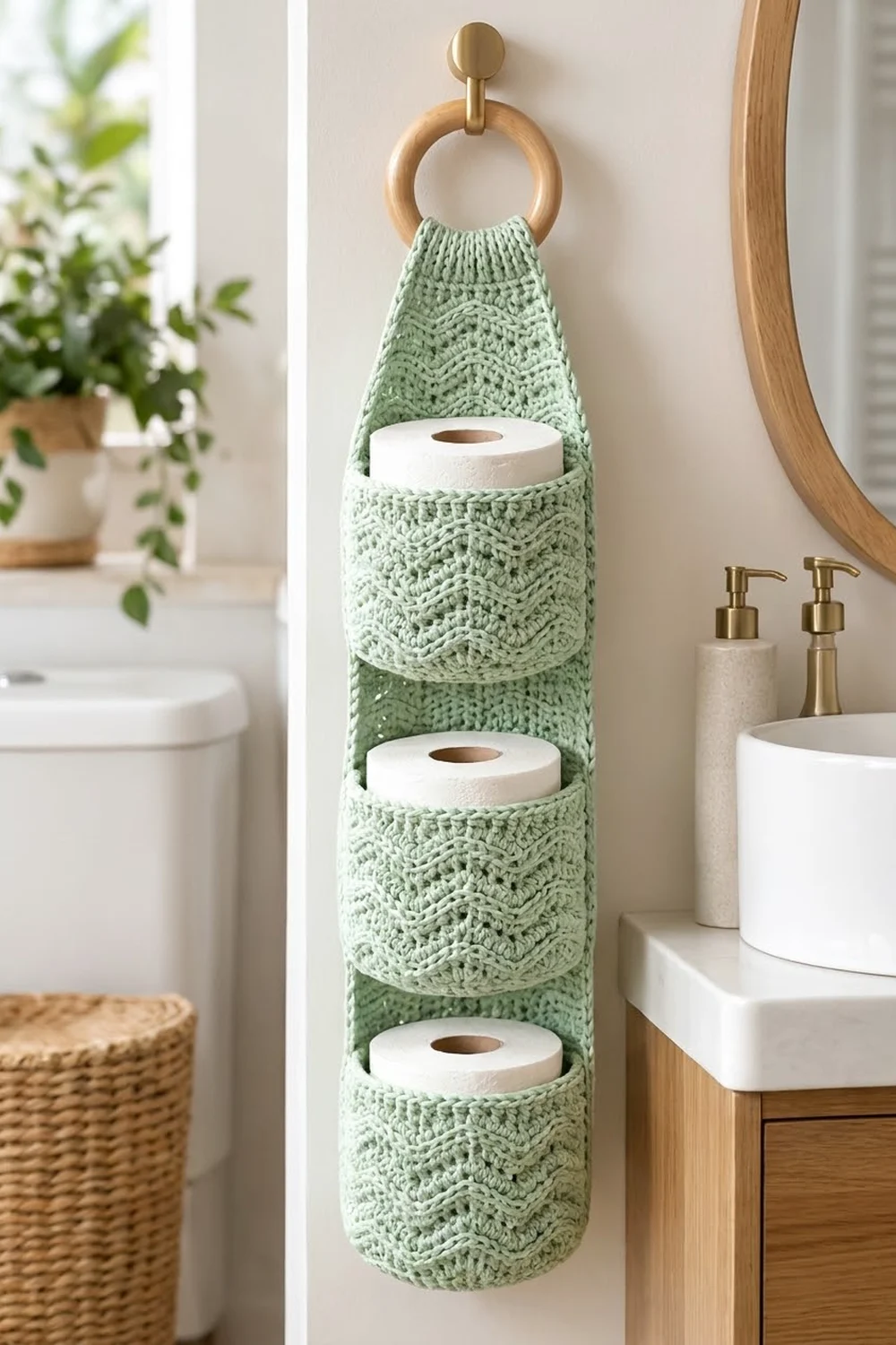 Sage green crocheted toilet paper holder with wooden ring and three pockets holding white rolls on bathroom wall.