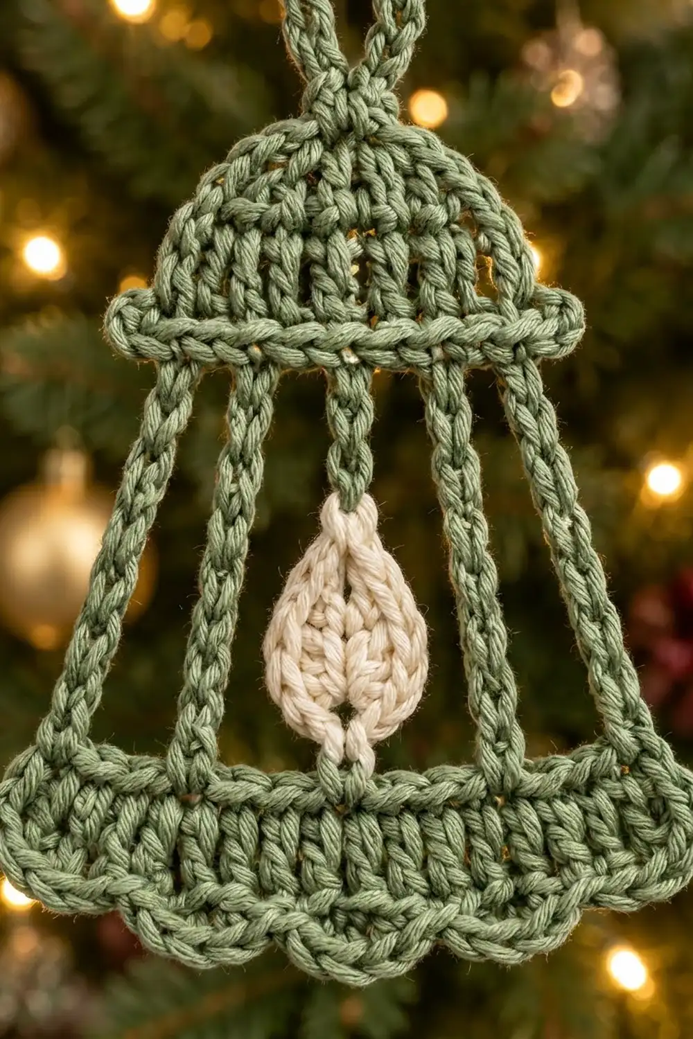 Handmade crocheted bell ornament in sage green with cream braided detail, suspended against warm bokeh lights.