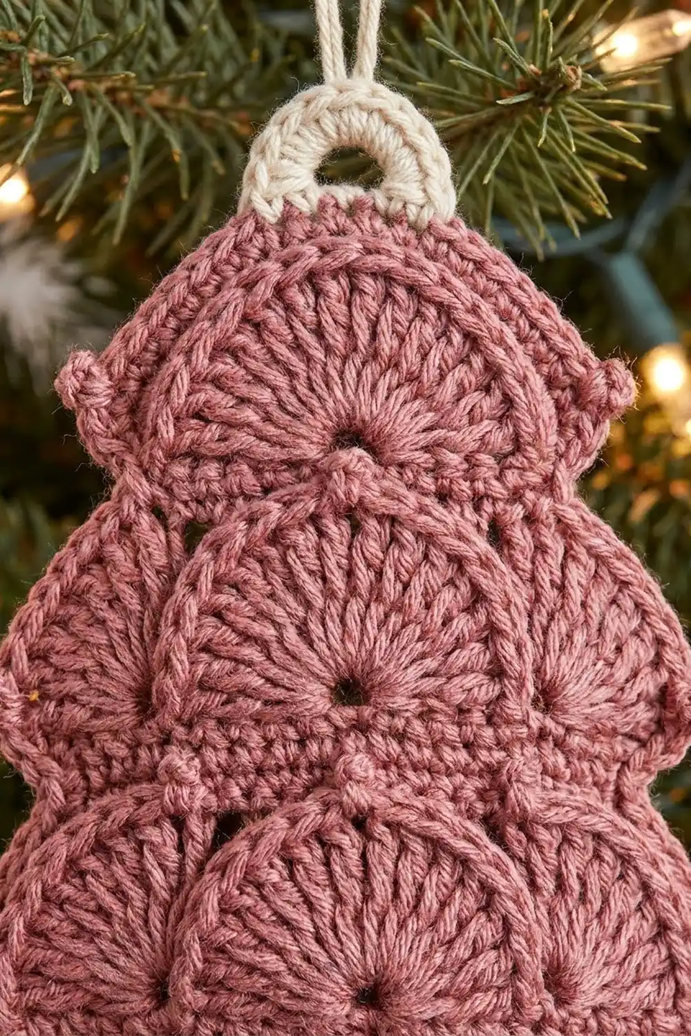 A dusty pink handmade crochet ornament with cream loop, nestled among evergreen branches and warm lights.