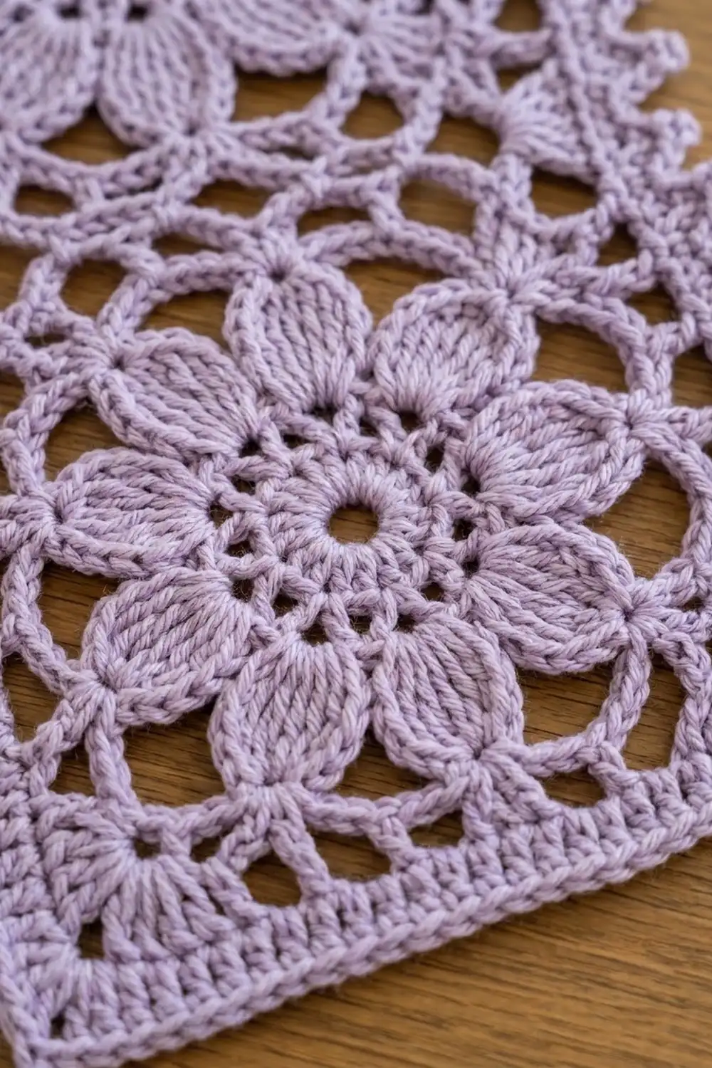 Intricate lavender crochet lace featuring petal motifs and open-work squares displayed on a light wooden surface.
