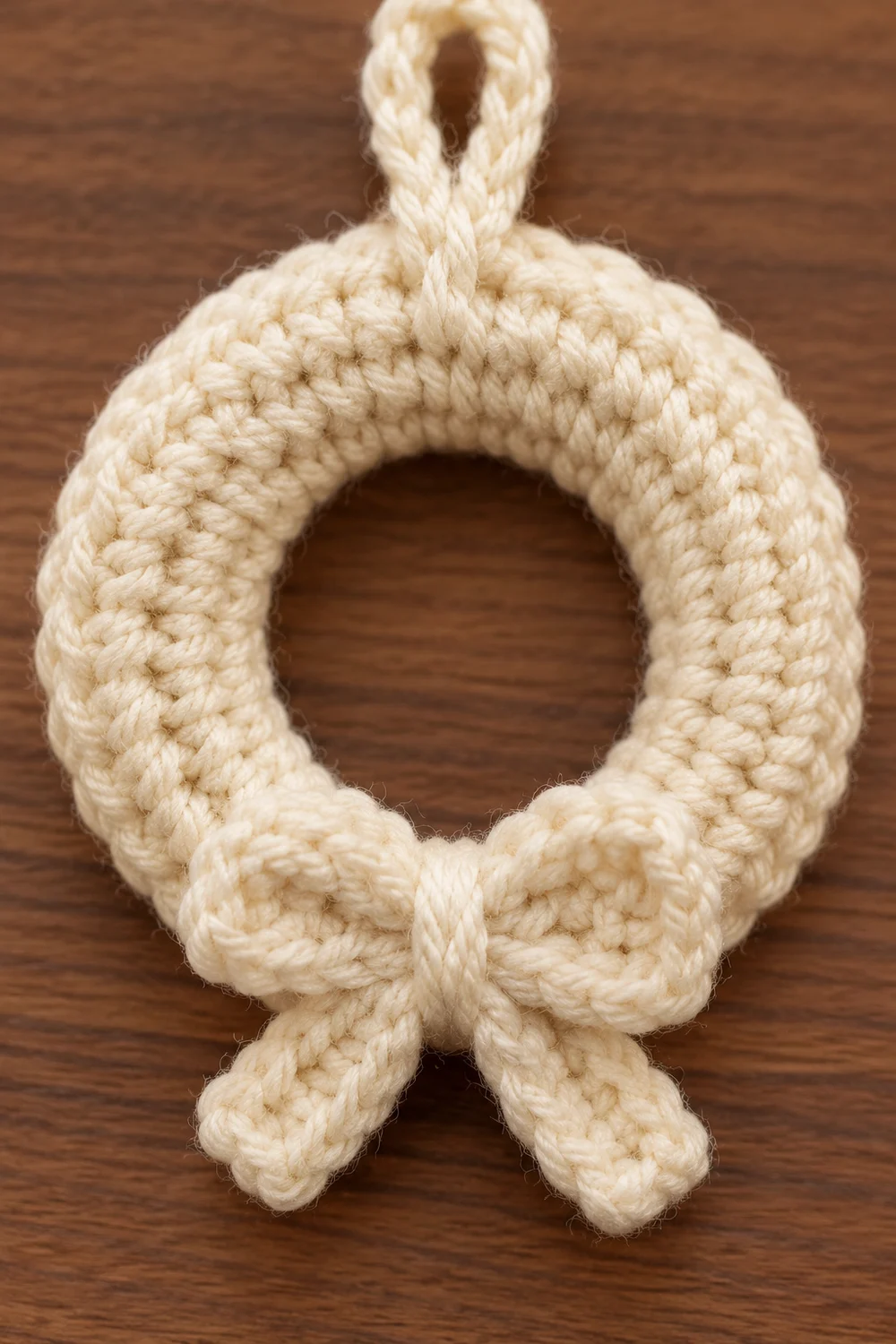 Close-up of a cream-colored crocheted wreath with a bow, displayed on a wooden surface.