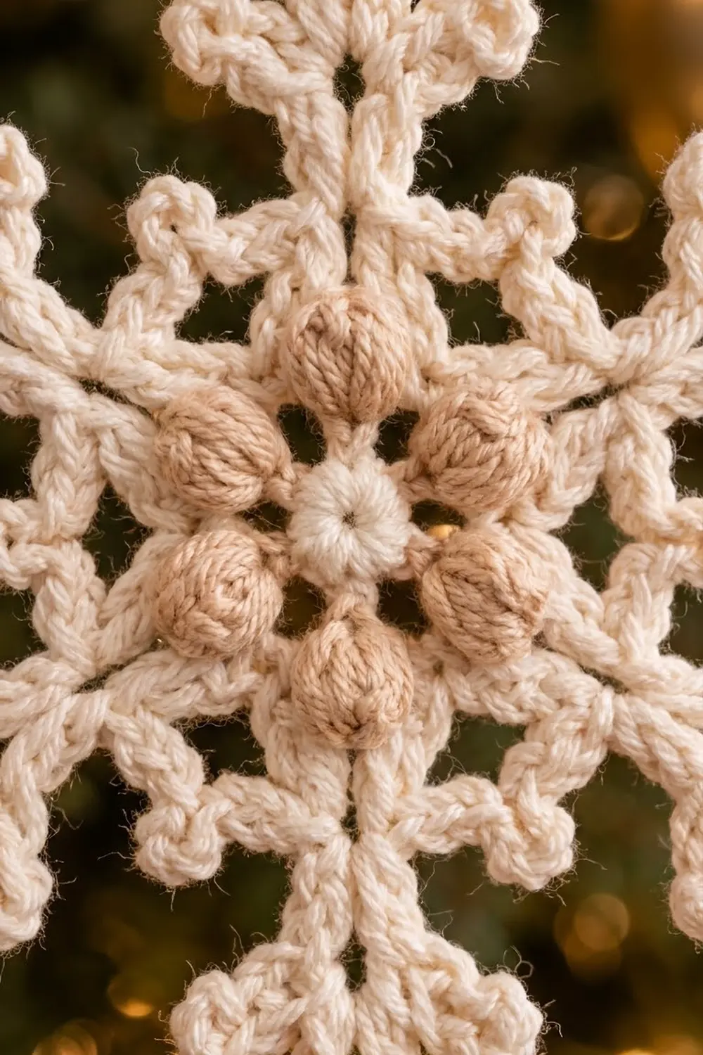 Close-up of a cream-colored crocheted snowflake with detailed stitch texture against a soft, blurred green background.