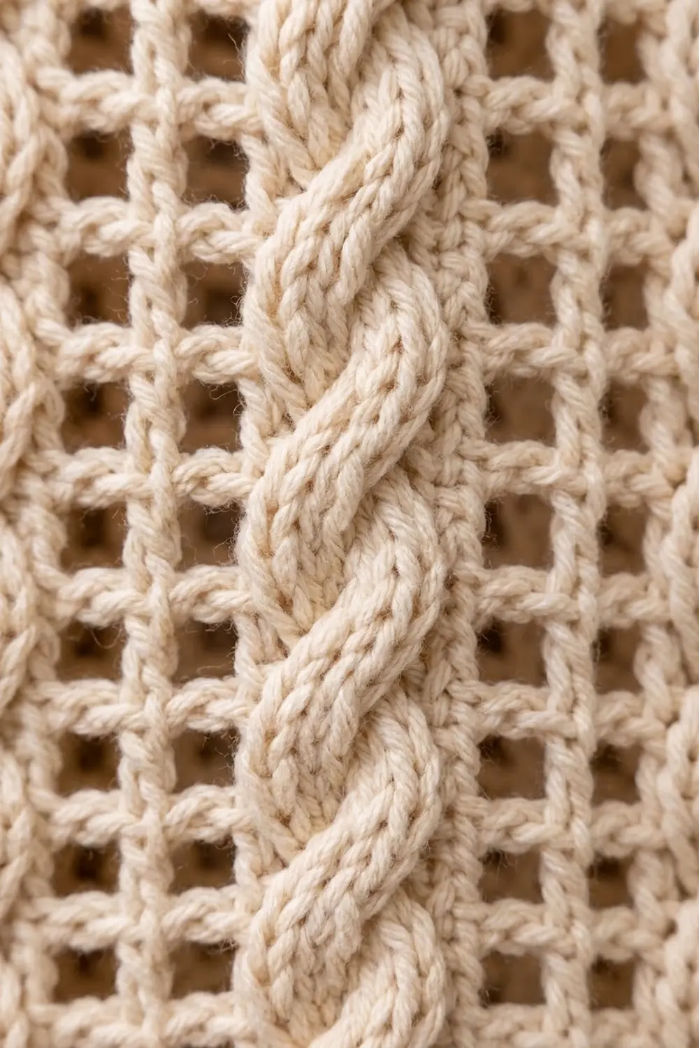 Cream-colored crocheted textile displaying an open lattice pattern with twisted braided yarn detail running vertically.