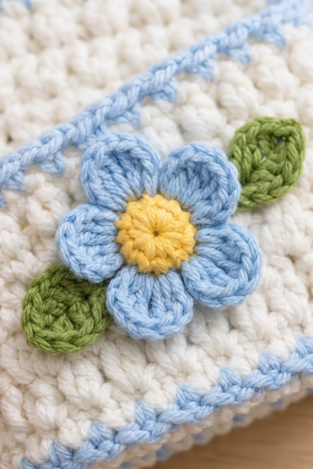 A crocheted flower with light blue petals, yellow center, and green leaves on a white textured background.