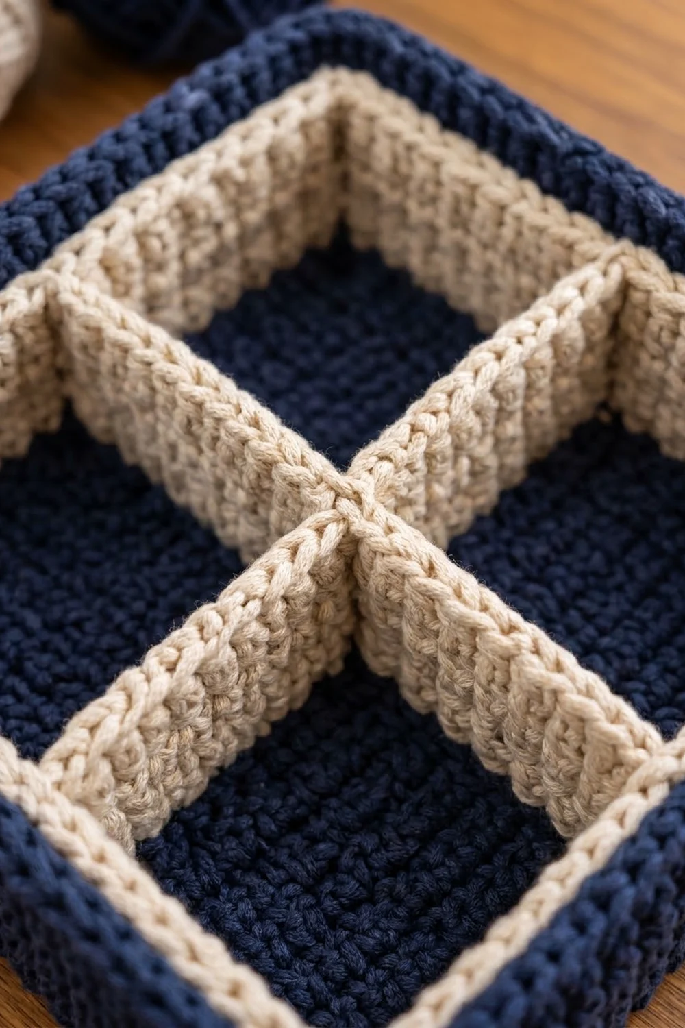 Cream-colored crochet chevron pattern on navy blue knit fabric, showing textured stitches on a wooden surface.