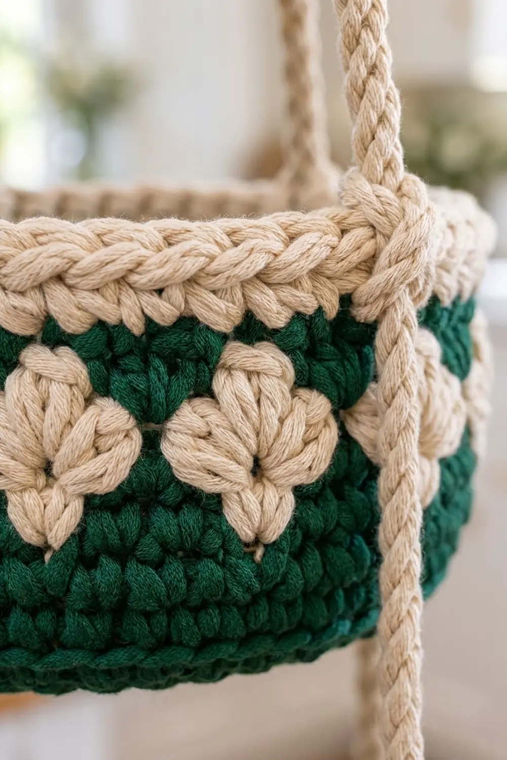 Cream rope edging frames a white leaf-motif crochet pattern on a forest-green tote bag.
