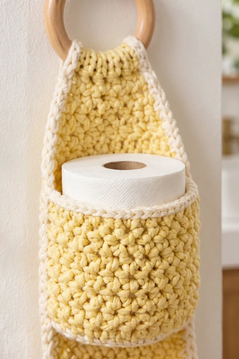 Butter-yellow crocheted tissue holder with white trim and wooden handles holding a white toilet paper roll against a white wall.