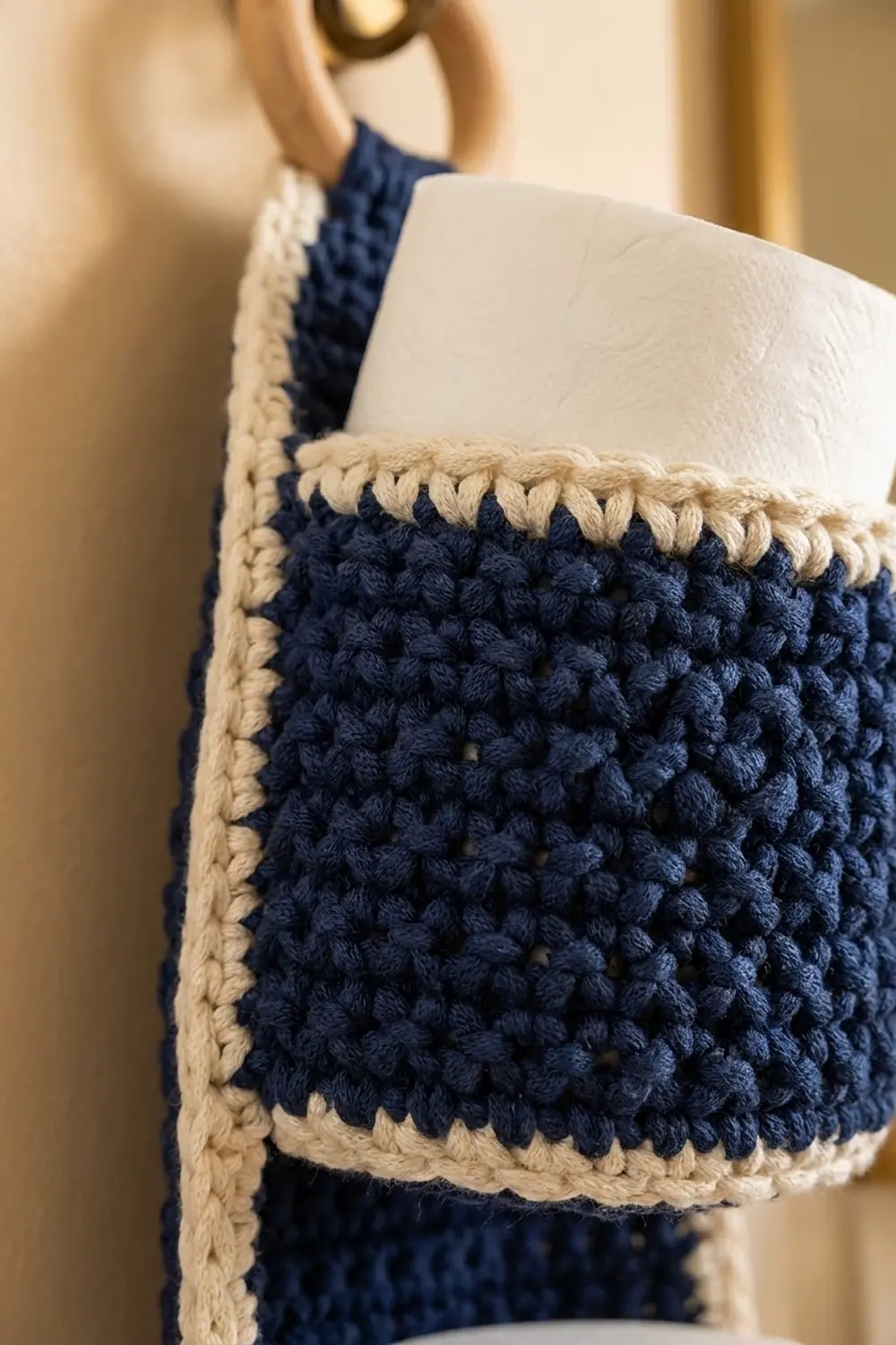 Close-up of navy crocheted fabric with textured popcorn stitch and cream-colored border trim detail.
