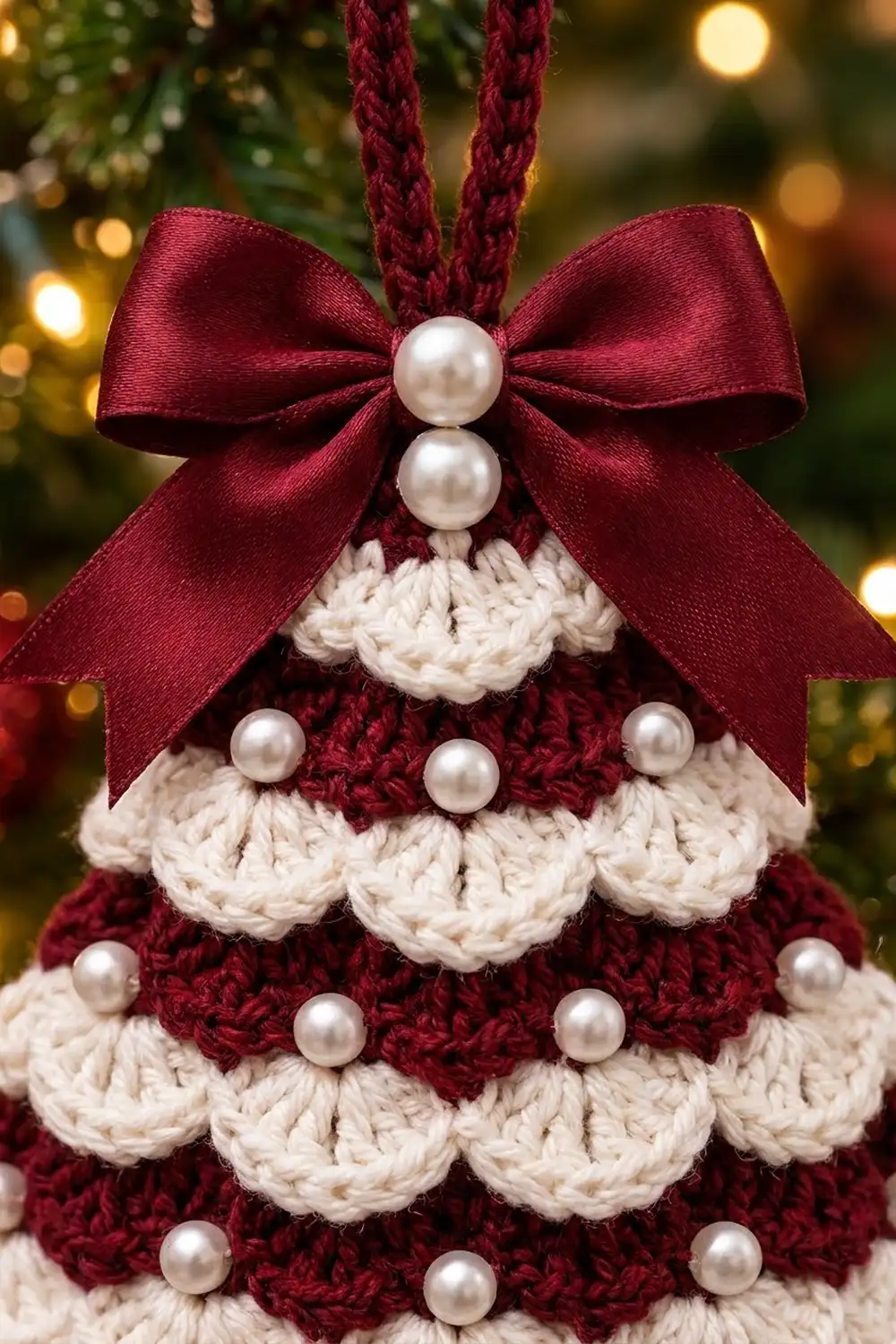 Burgundy crocheted Christmas tree with white snow-like ruffled layers, pearl bead trim, and ribbon bow against blurred festive lights.