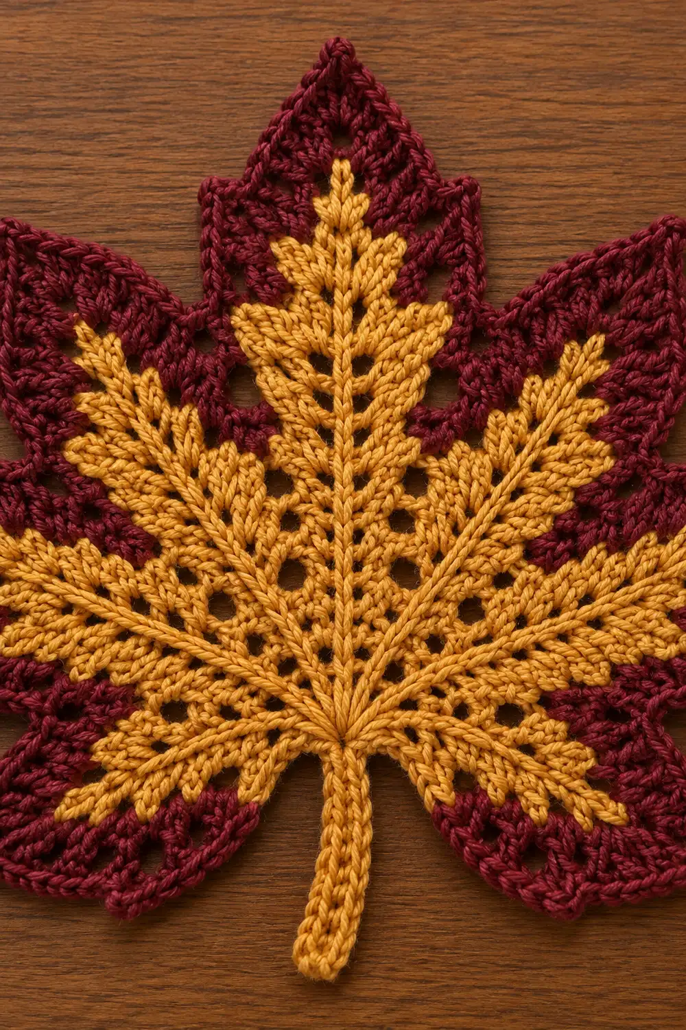 A crocheted maple leaf with golden yellow center and deep burgundy outer petals on a wooden surface.