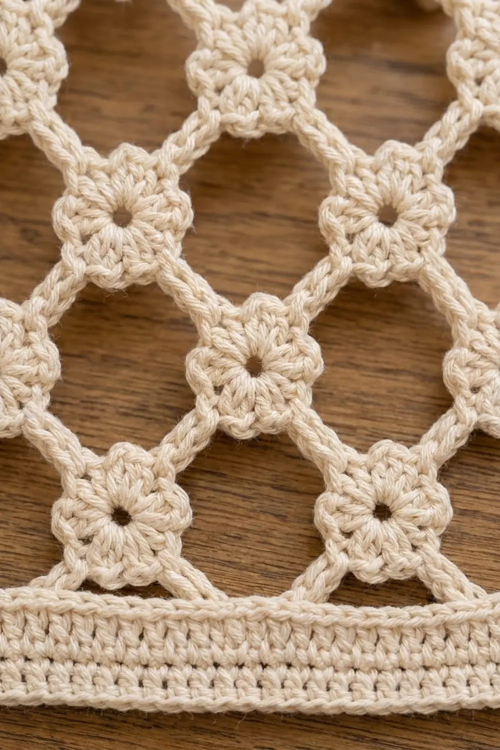 Cream-colored crocheted lace with flower motifs and open centers arranged on a warm brown wooden surface.