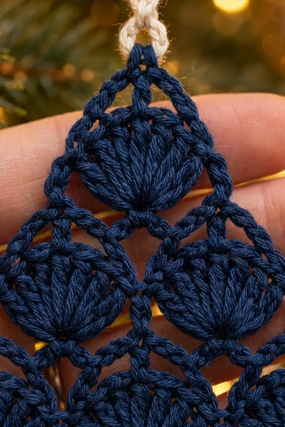 Intricate navy crocheted ornament with geometric pattern held in hands against a warm, blurred golden background.