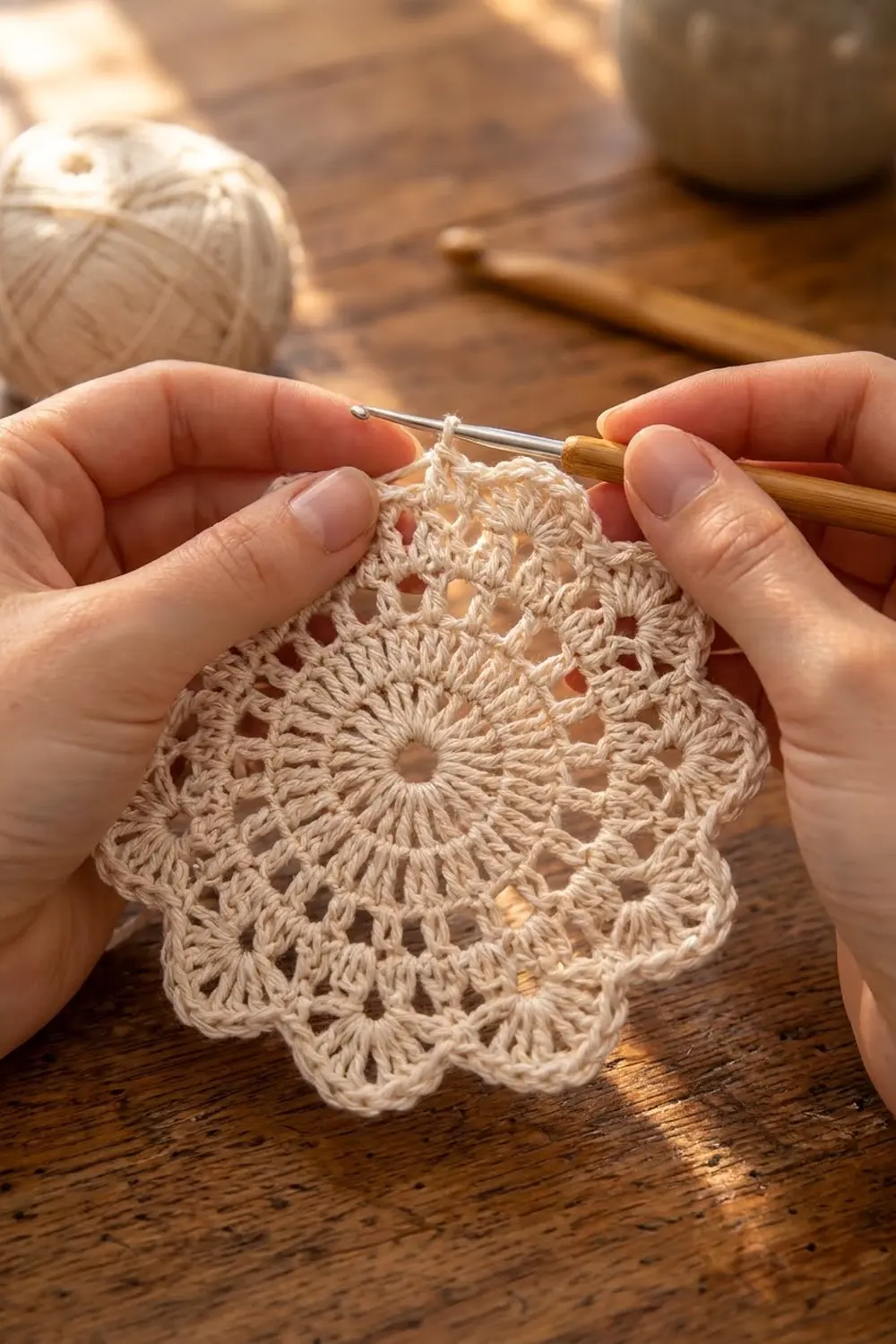 Hands holding delicate cream lace crochet work in progress with metal hook and wooden needle on warm wooden crafting surface.